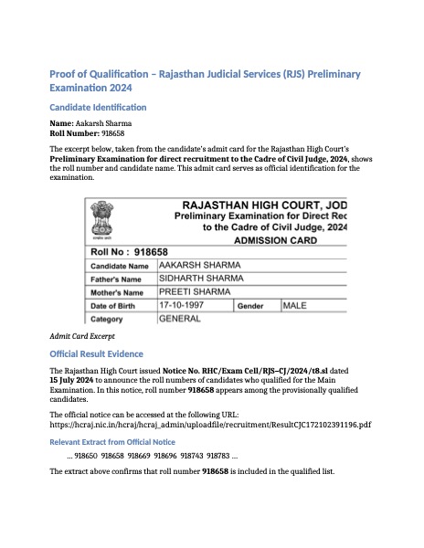RJS Prelims Cleared - Proof of Qualification